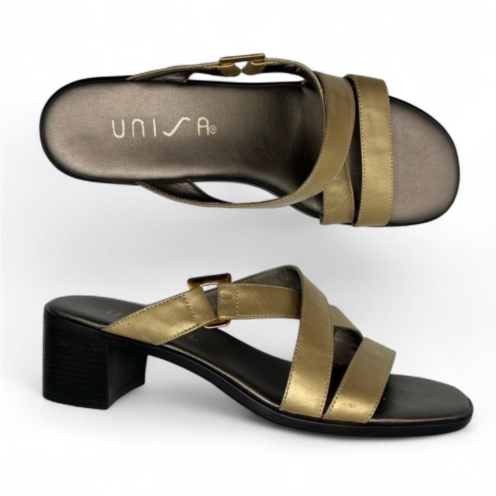 Unisa Three Strap Gold Slip On Leather Sandals Size 7